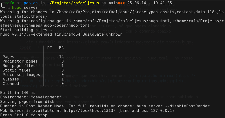 Print imagem terminal rodando comando hugo server