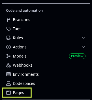 Imagem Print menu Pages do GitHub